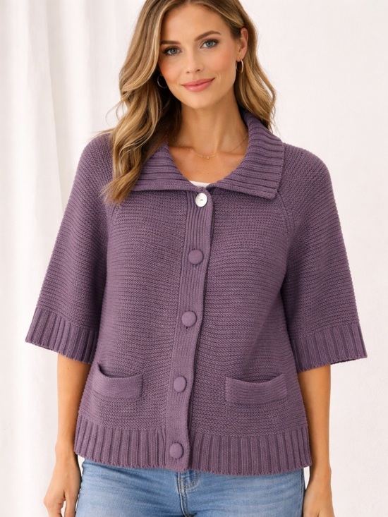 J. Jill Sweaters - J. JILL Purple Boxy Fit 1/2 Sleeve Button Up Chunky Knit Cardigan L Cottagecore